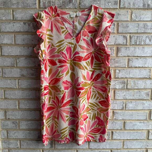 Nicole Miller 100% Linen Short Ruffle Sleeve V-Neck Floral Dress Women's Size XL - Picture 1 of 7